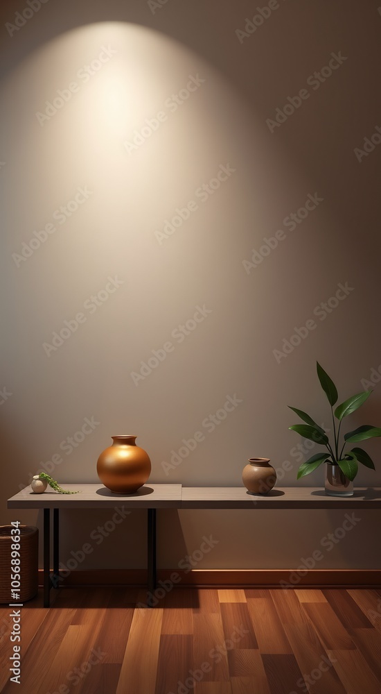 A wooden shelf with three vases and a plant in front of a beige wall. A wooden shelf with three vases and a plant in front of a beige wall.