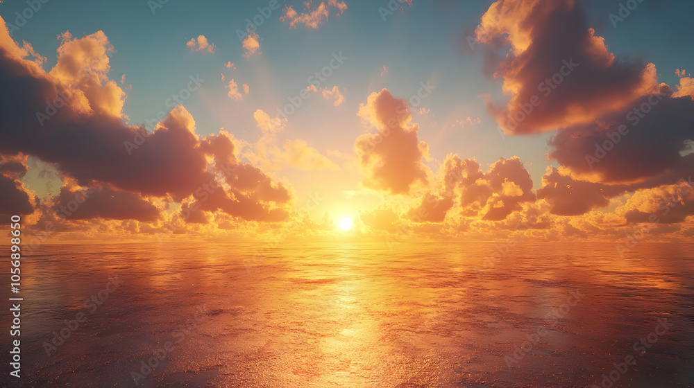 Golden Sunset Over the Ocean - 3D Illustration Golden Sunset Over the Ocean - 3D Illustration