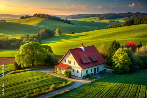 A serene countryside landscape featuring a charming house, lush green fields, trees, and rolling hills under a colorful sunset sky.