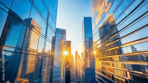 Panoramic Sunrise Over Office Park with Reflective Glass