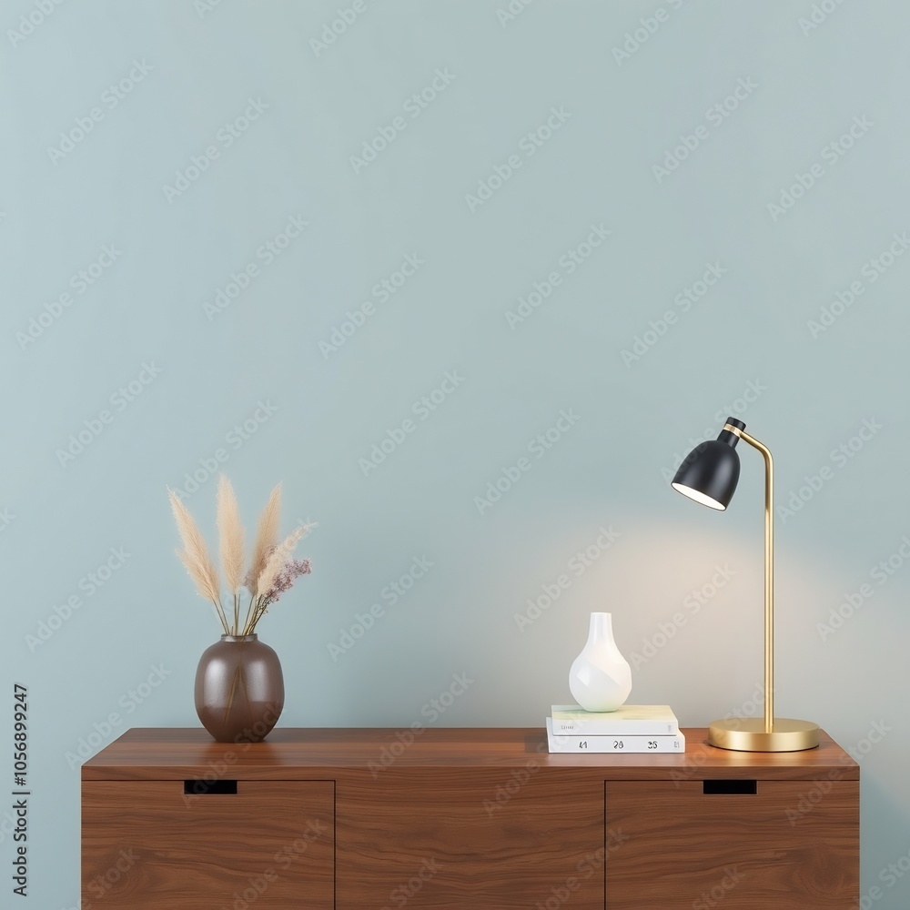 Minimalist home decor with a wooden dresser, a lamp, a vase with pampas grass, and a white vase. Minimalist home decor with a wooden dresser, a lamp, a vase with pampas grass, and a white vase.