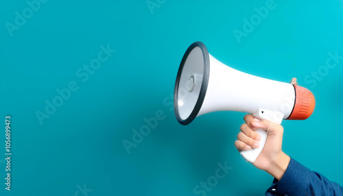 Close up hand holding megaphone on side position provides copy space for text. background concept isolated light blue