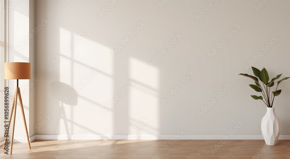 Empty room with white walls, wooden floor, a lamp, a vase, and sun light coming through the window. Empty room with white walls, wooden floor, a lamp, a vase, and sun light coming through the window.
