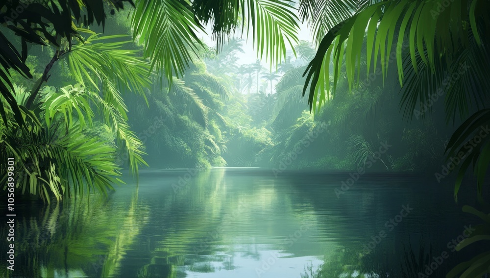 Naklejka premium Serene Jungle River Scene