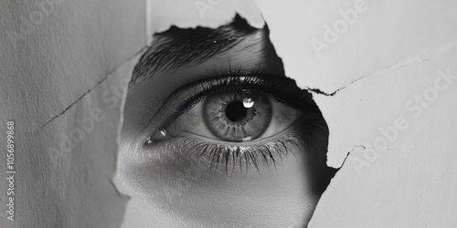 A close-up view of an eye peeking out from behind a piece of paper photo