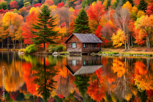 A serene cabin by a tranquil lake reflects vibrant autumn foliage in a breathtaking landscape of reds, oranges, and yellows.