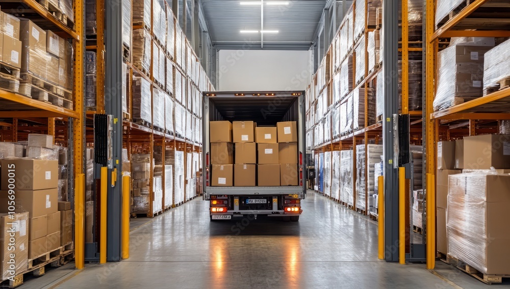 Warehouse Interior with Truck Loaded with Boxes Warehouse Interior with Truck Loaded with Boxes