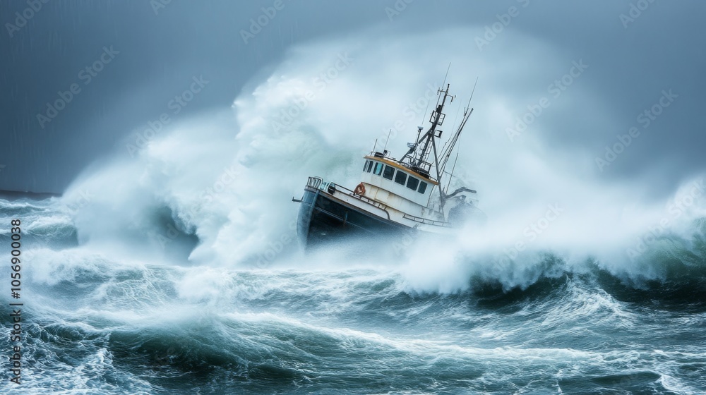 Naklejka premium A fishing vessel braves a stormy sea