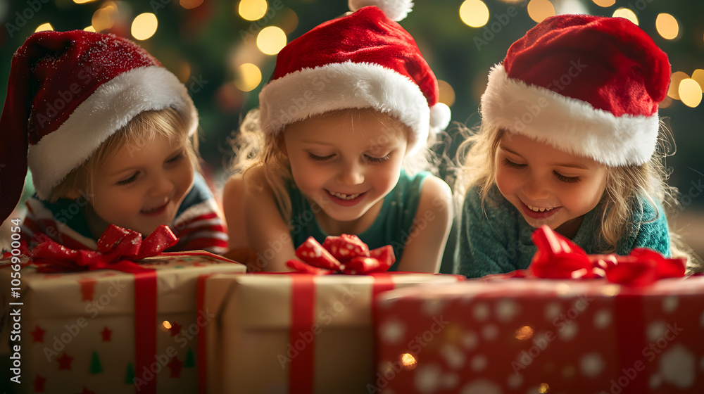 Children wearing Christmas hats while eagerly unwrapping their presents. Children wearing Christmas hats while eagerly unwrapping their presents.