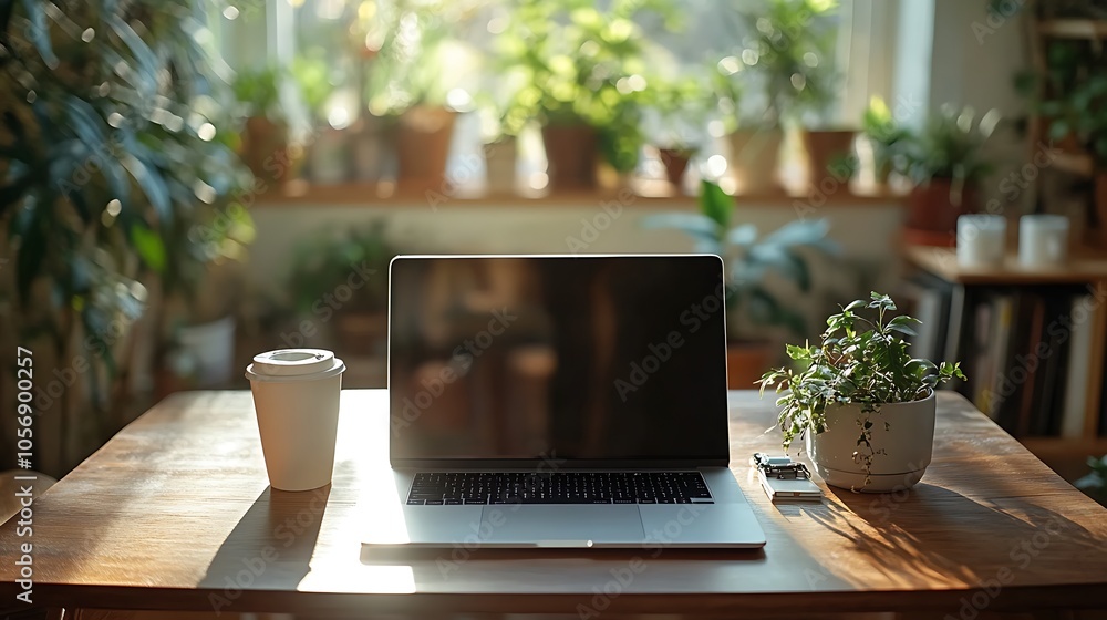 Cozy workspace with laptop coffee and indoor plants for productivity Cozy workspace with laptop coffee and indoor plants for productivity