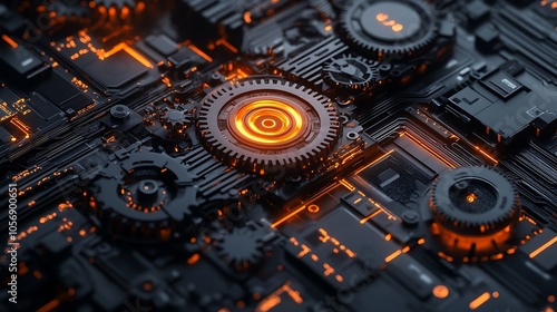 Futuristic close-up of a high-tech circuit board with orange glow effects