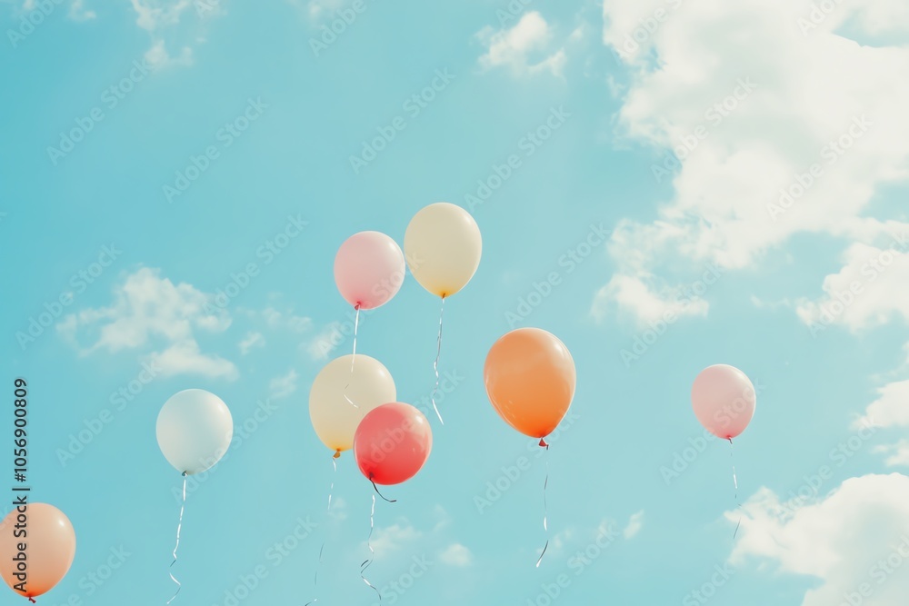 Colorful balloons float against a bright blue sky with fluffy clouds, creating a joyful, whimsical atmosphere perfect for celebrations. Colorful balloons float against a bright blue sky with fluffy clouds, creating a joyful, whimsical atmosphere perfect for celebrations.