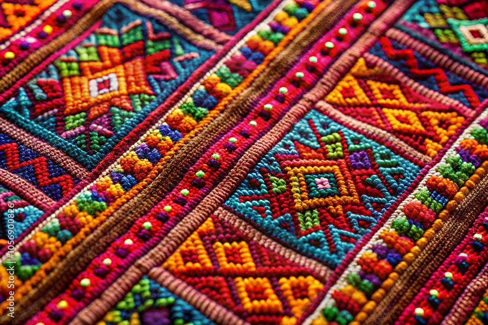 A vibrant textile featuring intricate patterns and bright colors, showcasing traditional craftsmanship in fabric design. A vibrant textile featuring intricate patterns and bright colors, showcasing traditional craftsmanship in fabric design.