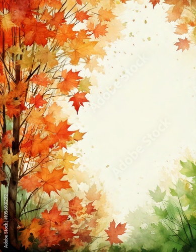 watercolor of a maple tree background with empty copy space in the middle