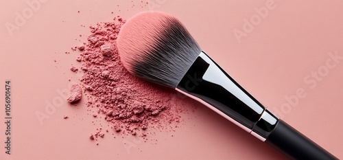 Makeup brush with pink powder on a pink background.