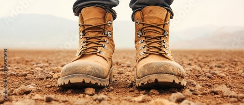 Sturdy brown hiking boots on a rough outdoor terrain, ready for adventure, inspiring exploration and travel. photo