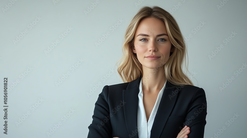 A woman in a business suit is standing with her arms crossed and looking directly at the camera. Concept of confidence and professionalism, as the woman is dressed in a formal business attire A woman in a business suit is standing with her arms crossed and looking directly at the camera. Concept of confidence and professionalism, as the woman is dressed in a formal business attire