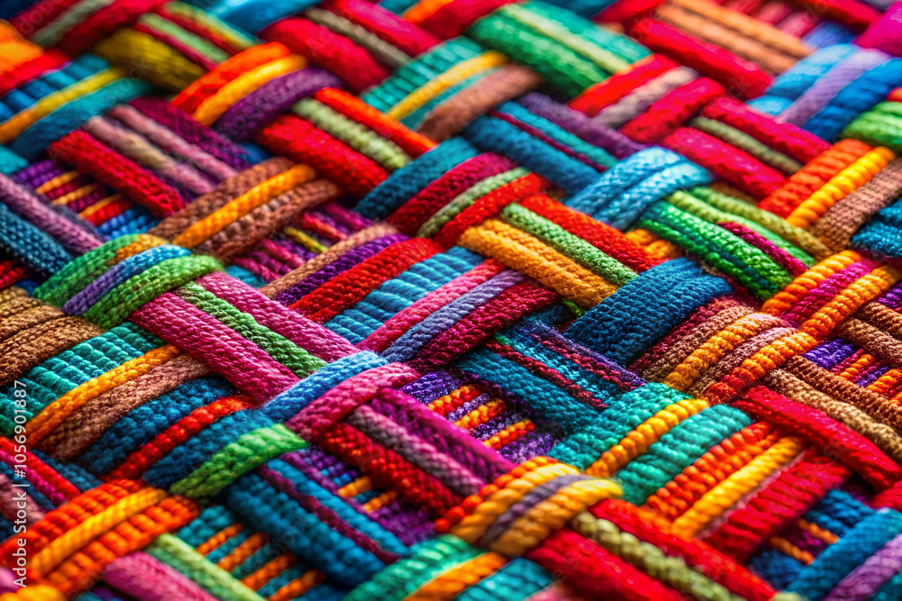 A vibrant close-up of colorful woven fabric showcasing intricate patterns and textures in a mix of bright hues. A vibrant close-up of colorful woven fabric showcasing intricate patterns and textures in a mix of bright hues.