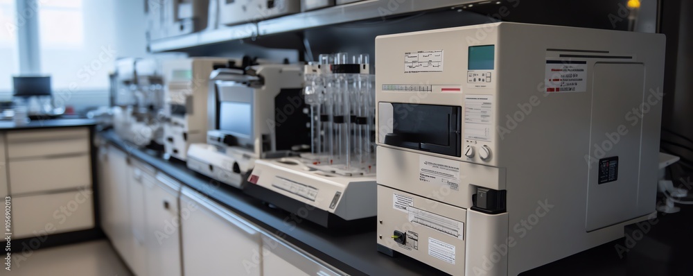 Modern laboratory equipment on a clean bench, featuring advanced analytical devices for scientific research and experimentation. Modern laboratory equipment on a clean bench, featuring advanced analytical devices for scientific research and experimentation.