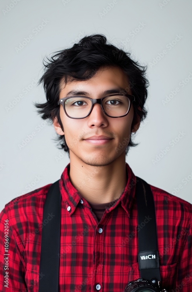 A young man wearing glasses and a red plaid shirt poses for a picture