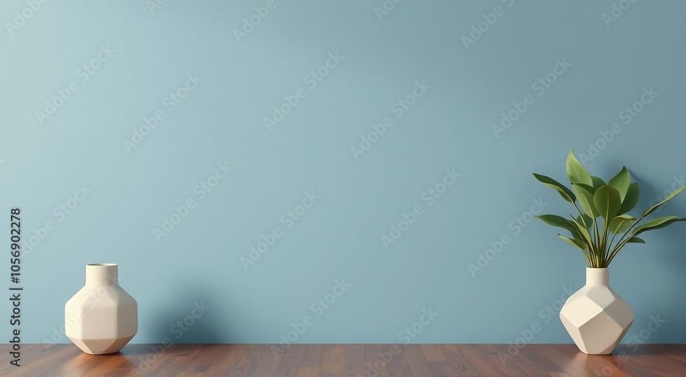 White geometric vase with green leaves on a wooden surface against a blue wall.