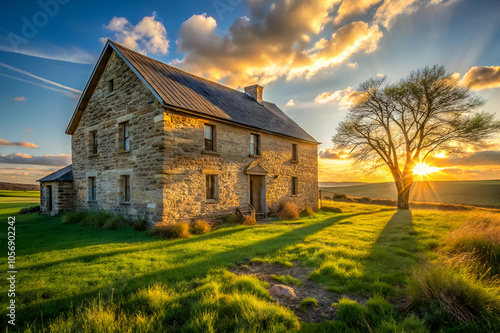 A picturesque stone house bathed in golden sunset light, surrounded by lush green grass and a serene landscape.