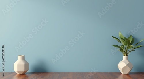 Obraz na płótnie White geometric vase with green leaves on a wooden surface against a blue wall. w salonie