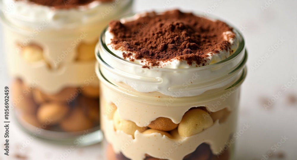 A rich tiramisu dessert with layers of espresso-soaked ladyfingers and mascarpone A rich tiramisu dessert with layers of espresso-soaked ladyfingers and mascarpone