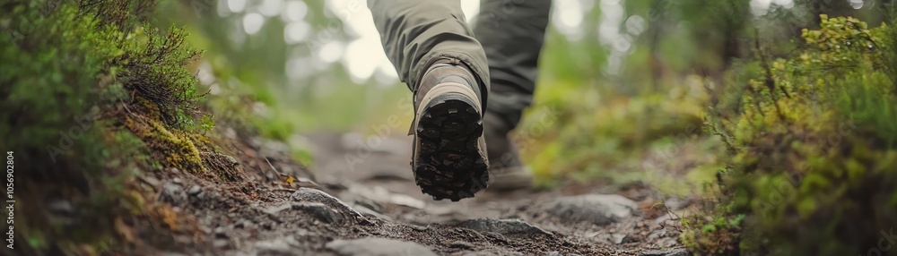 Close-up of a hiker's boots trekking on a forest trail. Capturing the essence of adventure and exploration in nature's beauty. Close-up of a hiker's boots trekking on a forest trail. Capturing the essence of adventure and exploration in nature's beauty.