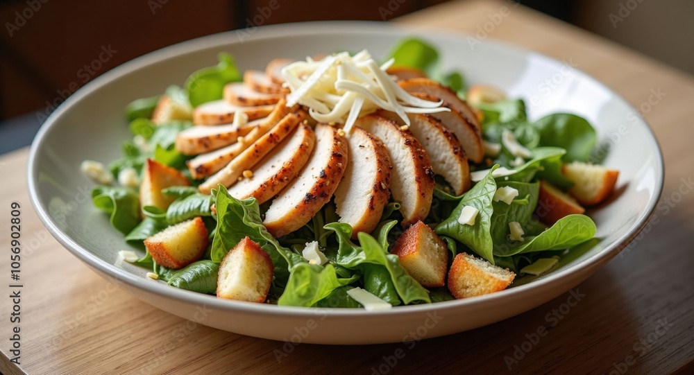 A gourmet Caesar salad with grilled chicken, croutons, and Parmesan A gourmet Caesar salad with grilled chicken, croutons, and Parmesan