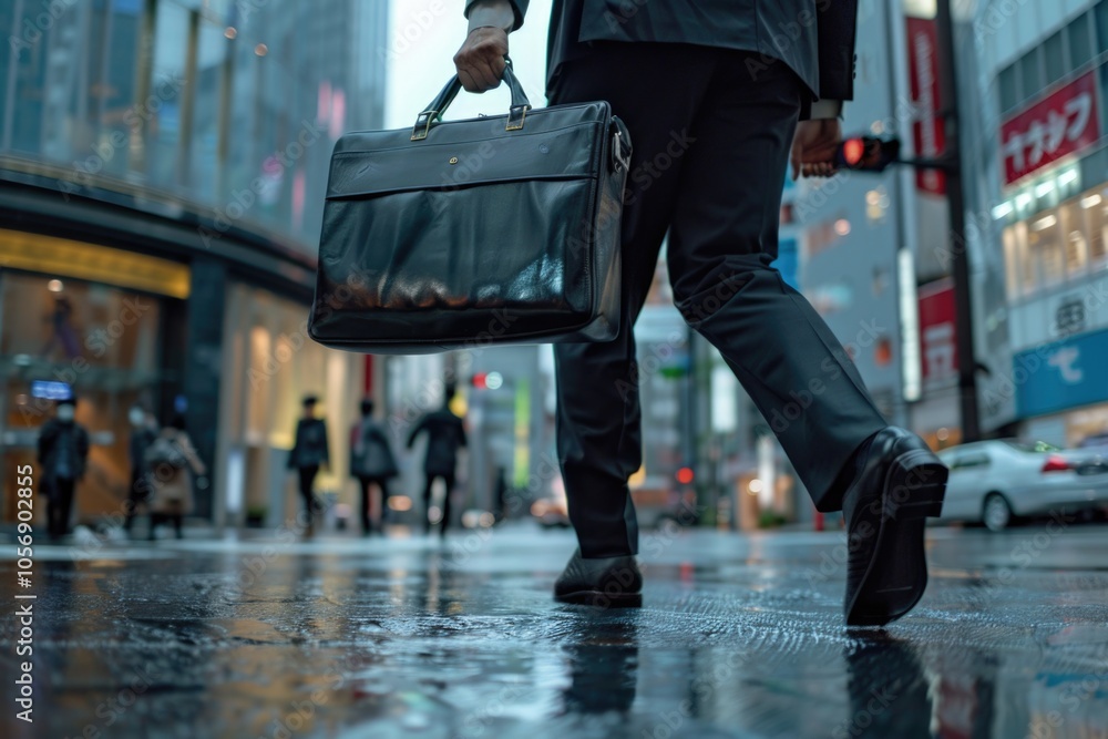 Fototapeta premium A business professional walking down the street with a briefcase, suitable for use in a variety of office or urban settings