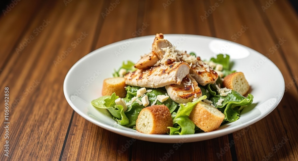 A gourmet Caesar salad with grilled chicken, croutons, and Parmesan A gourmet Caesar salad with grilled chicken, croutons, and Parmesan