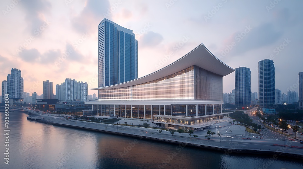 Stunning modern architecture overlooking waterway at dusk with city skyline backdrop Stunning modern architecture overlooking waterway at dusk with city skyline backdrop