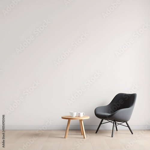 Grey armchair with a wooden table and white cups in a minimal room.