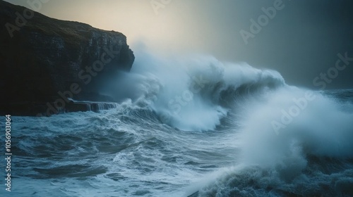 Dramatic Waves Crashing Against a Rugged Cliffside