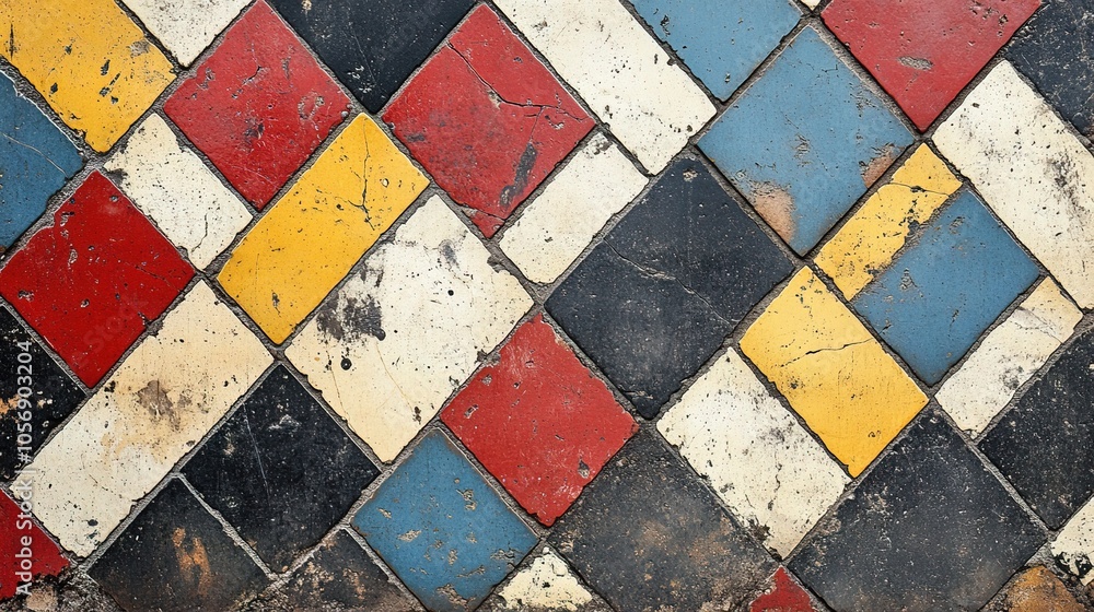 Grunge textured diamond tile pattern with red, yellow, blue, and white colors Grunge textured diamond tile pattern with red, yellow, blue, and white colors