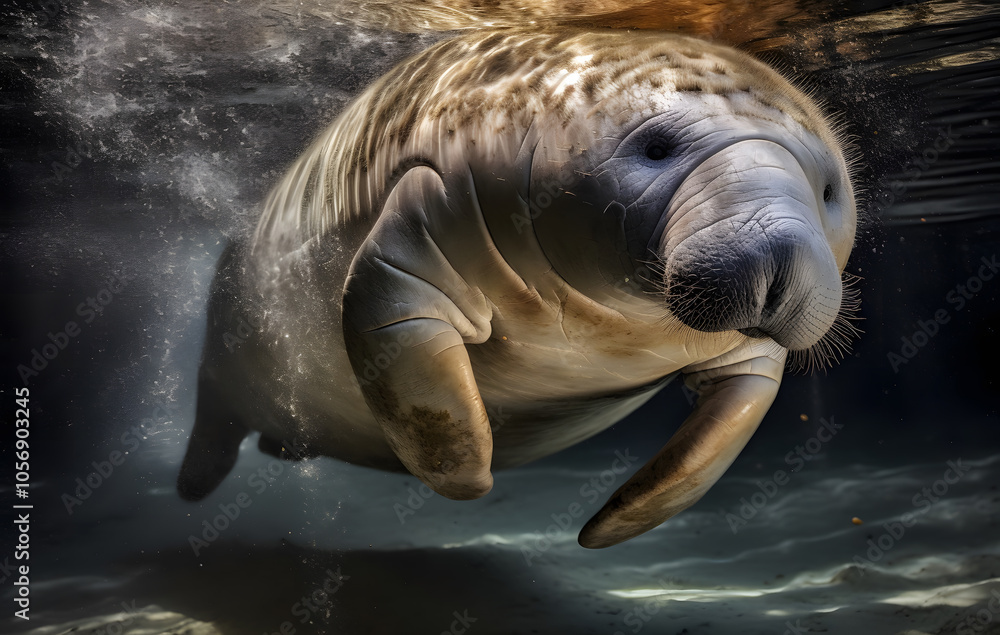 Fototapeta premium A cute sea lion swims, showing off its grey fur amidst a beautiful ocean view.