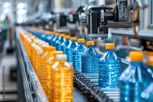 A production line showcases colorful bottled drinks, with blue and orange bottles moving along a conveyor system in a modern manufacturing facility.