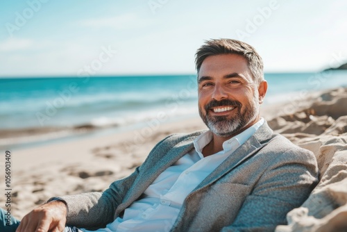 A person relaxing on a beach with the ocean in the background, suitable for travel or leisure related projects photo