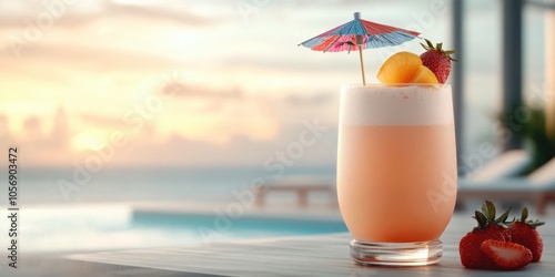 Tropical cocktail with colorful umbrella and fruit by the beach for summer vacation photo