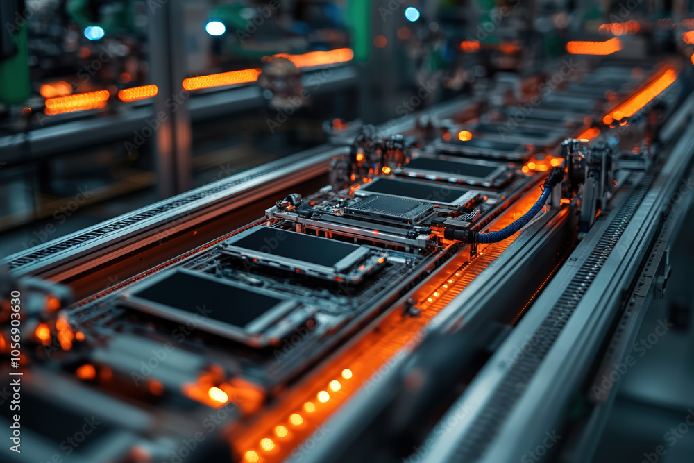 A close-up view of a modern assembly line featuring circuit boards moving on a conveyor, illuminated by soft orange lights. A close-up view of a modern assembly line featuring circuit boards moving on a conveyor, illuminated by soft orange lights.