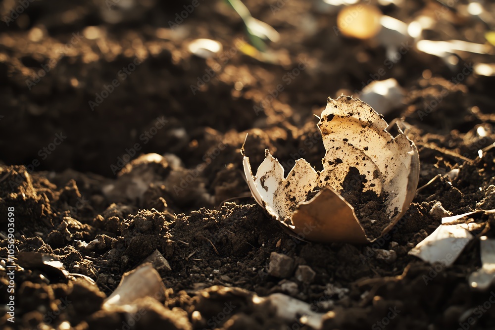Close-up of an egg shell on soil, capturing its texture and details, symbolizing new beginnings and the cycle of nature. Close-up of an egg shell on soil, capturing its texture and details, symbolizing new beginnings and the cycle of nature.