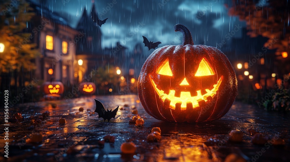 Glowing Jack-O-Lantern Halloween pumpkin in dark spooky atmosphere Glowing Jack-O-Lantern Halloween pumpkin in dark spooky atmosphere