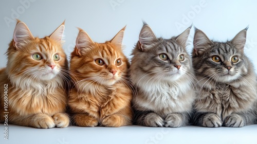 Four cats of different colors resting side by side.