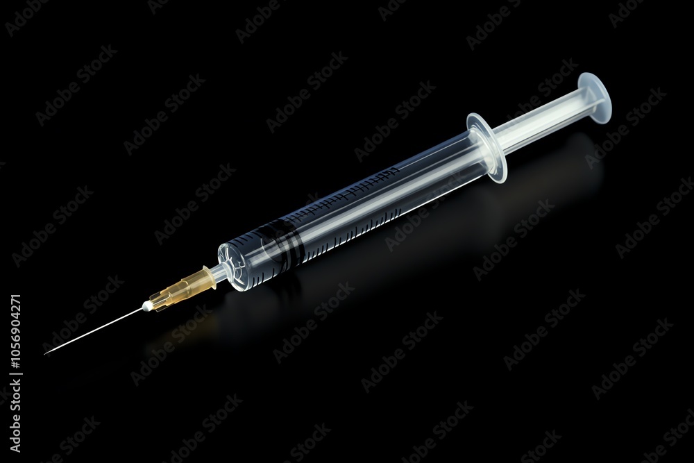 Close-up of a syringe against a black background, highlighting medical equipment used for injection and healthcare purposes. Close-up of a syringe against a black background, highlighting medical equipment used for injection and healthcare purposes.