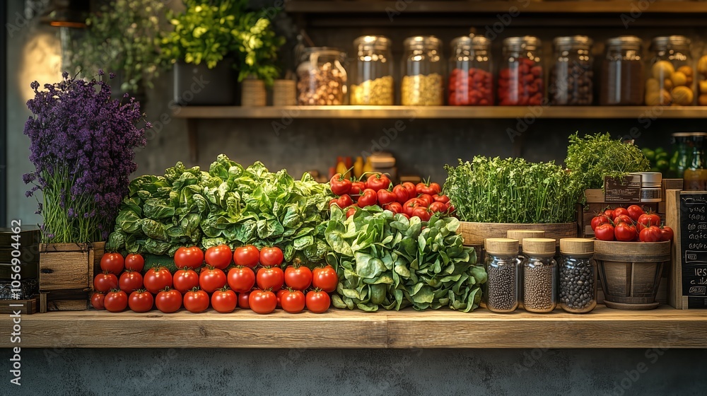 Freshly harvested vegetables are beautifully arranged on wooden shelves in a bustling store, offering a variety of colorful tomatoes, greens, and herbs to customers Freshly harvested vegetables are beautifully arranged on wooden shelves in a bustling store, offering a variety of colorful tomatoes, greens, and herbs to customers