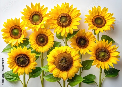 Aerial View of Bright Sunflowers Isolated on White Background - Vibrant Yellow Blooms and Green Stems for Stunning Floral Photography