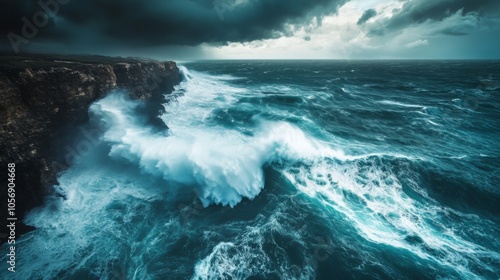 Dramatic Stormy Ocean Waves Crashing Against Rugged Cliffs photo