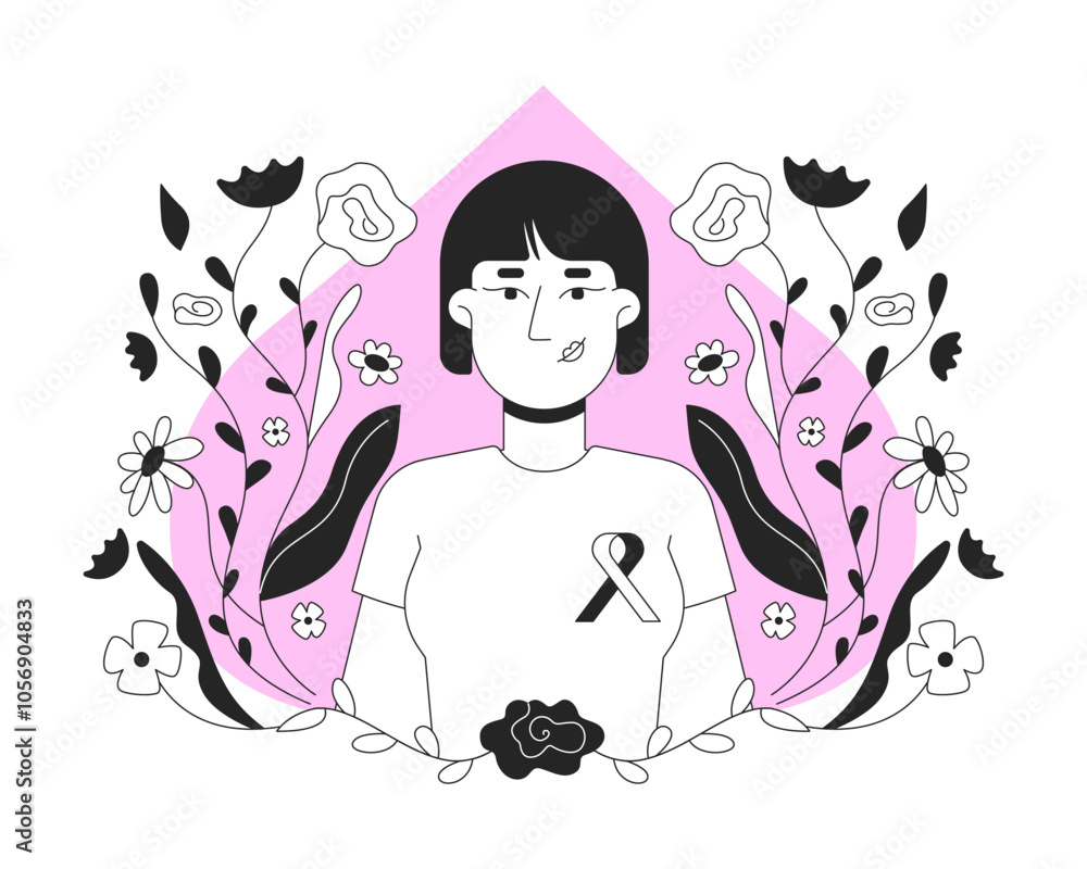 Asian woman promoting breast cancer awareness black and white 2D illustration concept. Mammogram campaign. Korean female wearing pink ribbon outline character isolated. Metaphor monochrome vector art Asian woman promoting breast cancer awareness black and white 2D illustration concept. Mammogram campaign. Korean female wearing pink ribbon outline character isolated. Metaphor monochrome vector art