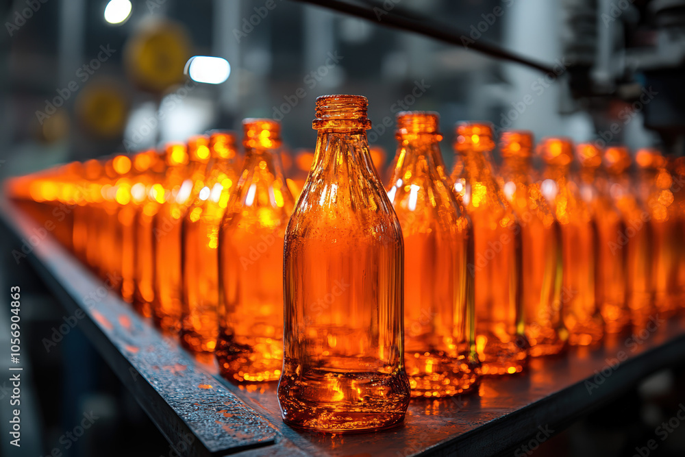 A row of amber glass bottles under production, showcasing vibrant colors in an industrial setting with blurred background details.
